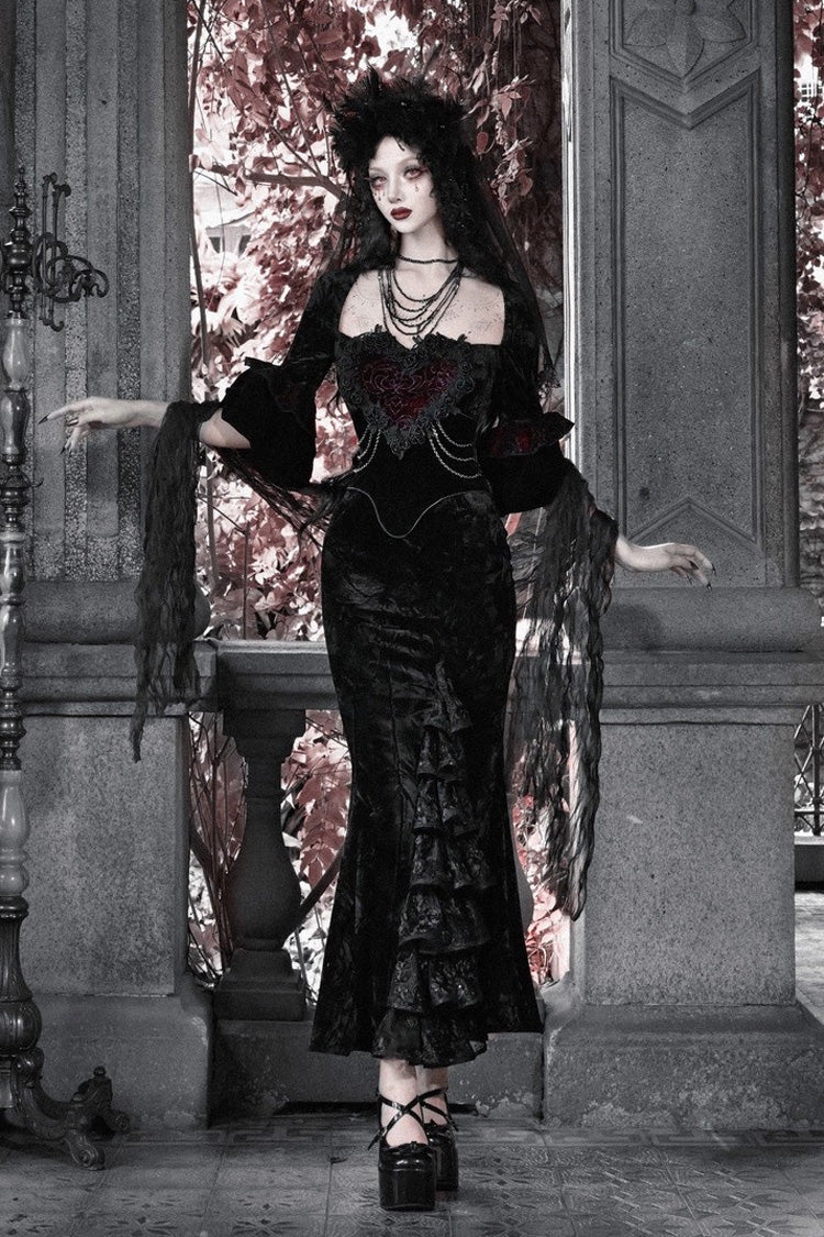 Square Collar Gothic Mermaid Dress with Multi-Layered Ruffled Embroidery - Castle of Dark Romance