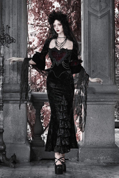 Square Collar Gothic Mermaid Dress with Multi-Layered Ruffled Embroidery - Castle of Dark Romance