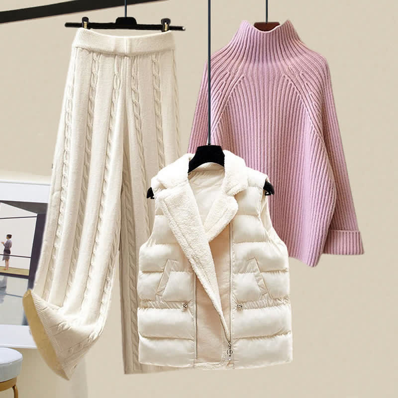 Chic Plush Vest Coat Sweater Casual Knit Pants