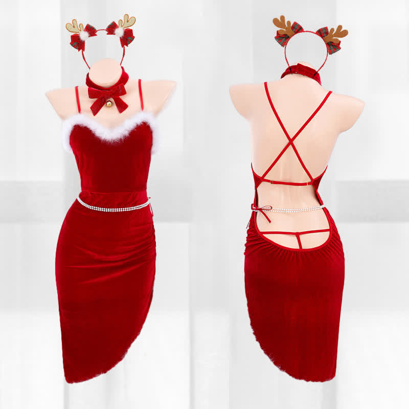 Christmas Backless Split Fuzzy Lingerie Dress