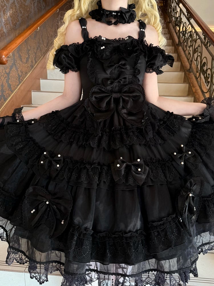 All Black Bow Accents and Bead Details Princess Lolita Dress with Big Bow at Back