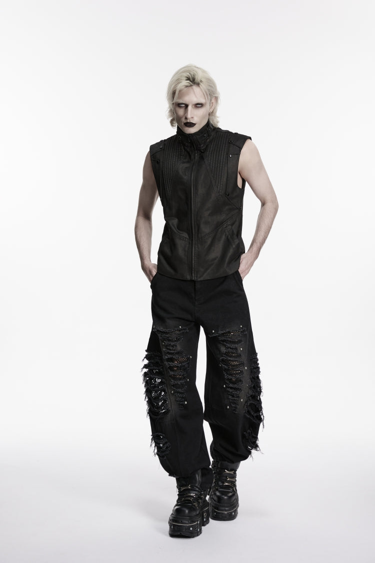 Ripped Studded Zippered Eyelet Mesh Black Punk Pants Men's