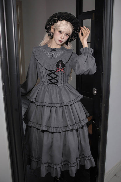 Gothic Lolita Castle Night Long-Sleeved Ruffle Embroidery Dress