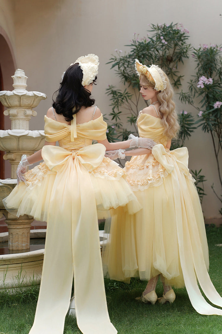 Sissi's Pilgrimage Off Shoulder Ruffle Bow Lace Sweet Lolita Long Skirt in Yellow