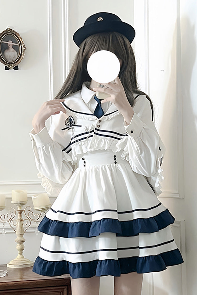White Long Sleeve Double-Layer Ruffle Sweet College Lolita Dress