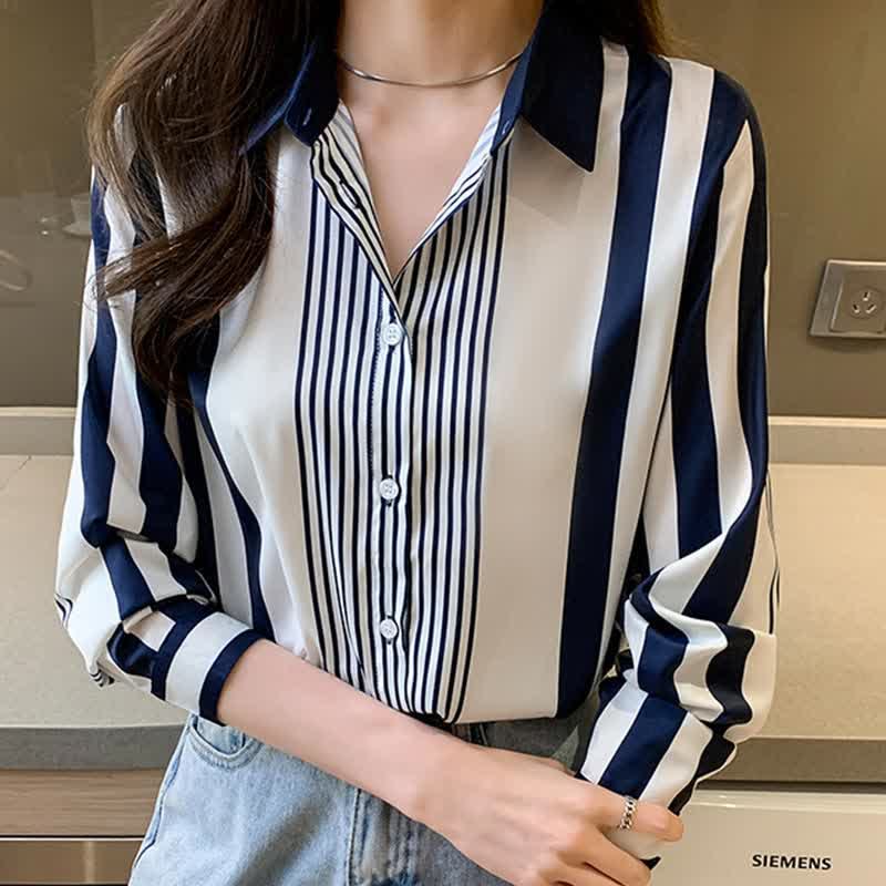 Stripe Print Long Sleeve Lapel Shirt Workwear