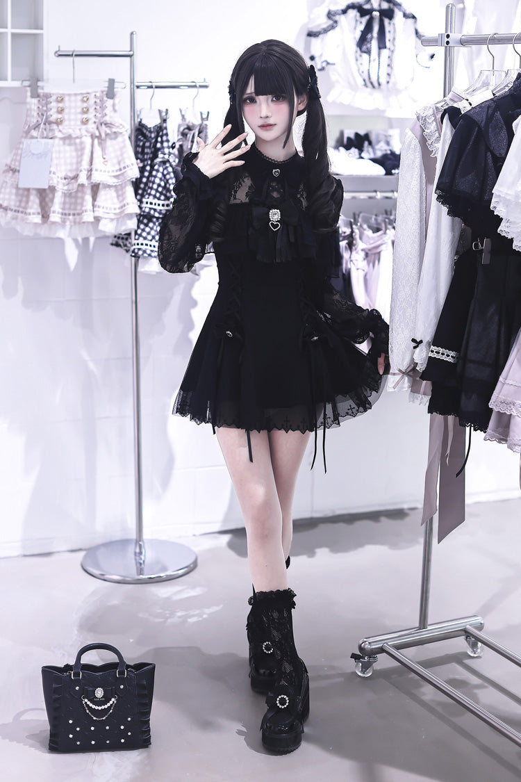 Lace Doll Round Collar Long Sleeves Ruffled Cut-Out Embroidered Bow Lace Gothic Jirai Kei Japanese Dress