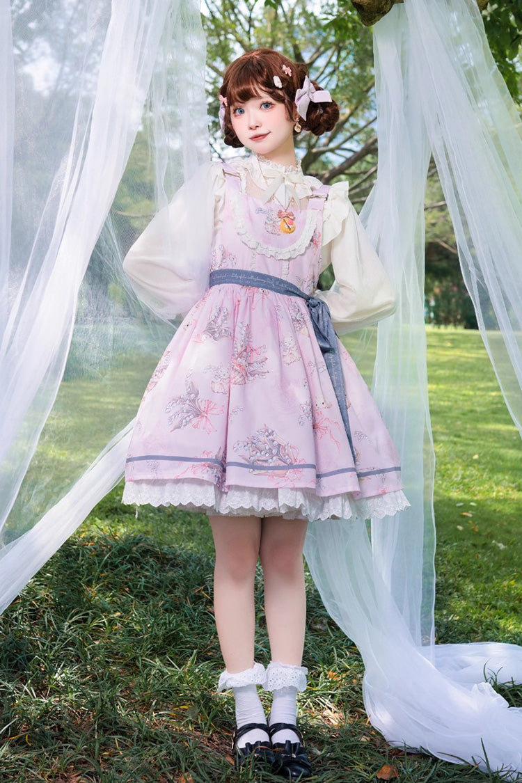 Rose Sleeveless Print Ruffle Bow Daily Sweet Lolita Strap Gown - Lily of the Valley Rabbit