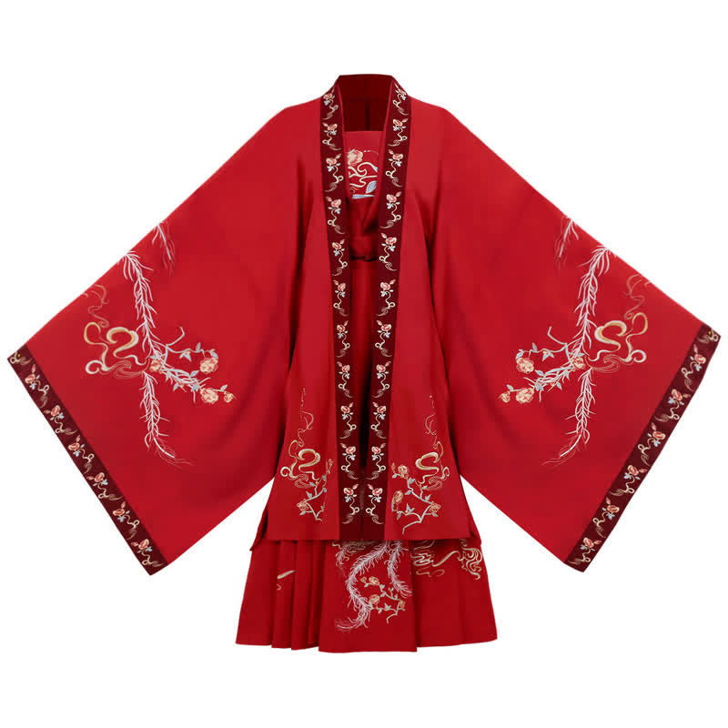 Rotes Tanktop mit Phoenix-Stickerei, große Ärmel, Strickjacke, Hemdrock, Hanfu-Set