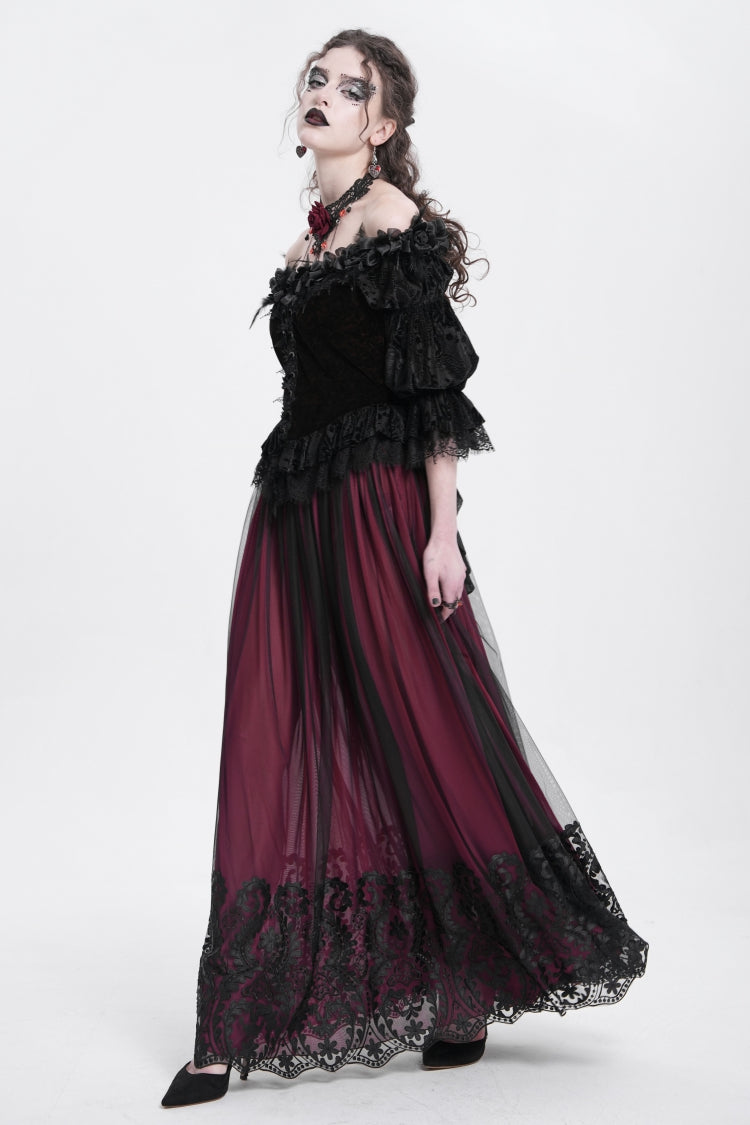 Crimson Stitched Floral Mesh Women's Goth Skirt