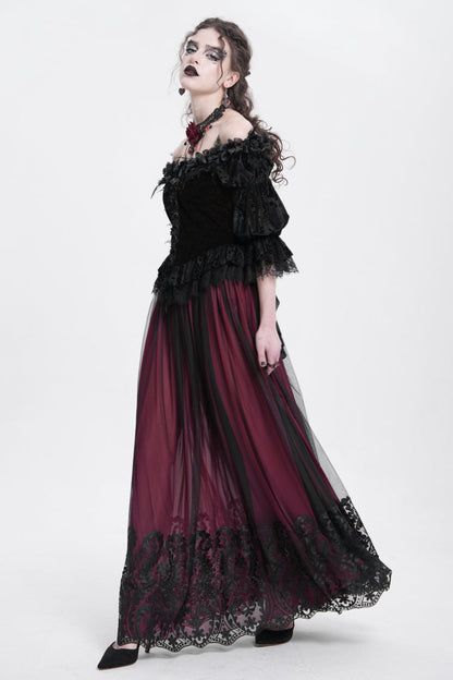 Crimson Stitched Floral Mesh Women's Goth Skirt