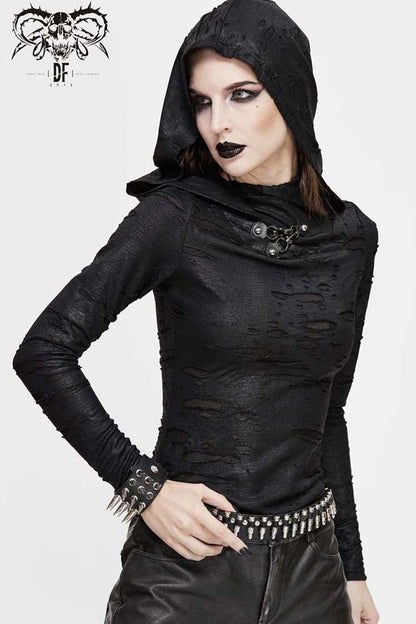Women's Punk Shirt with Hooded Snakeskin Ripped Print Triangle Metal Studs