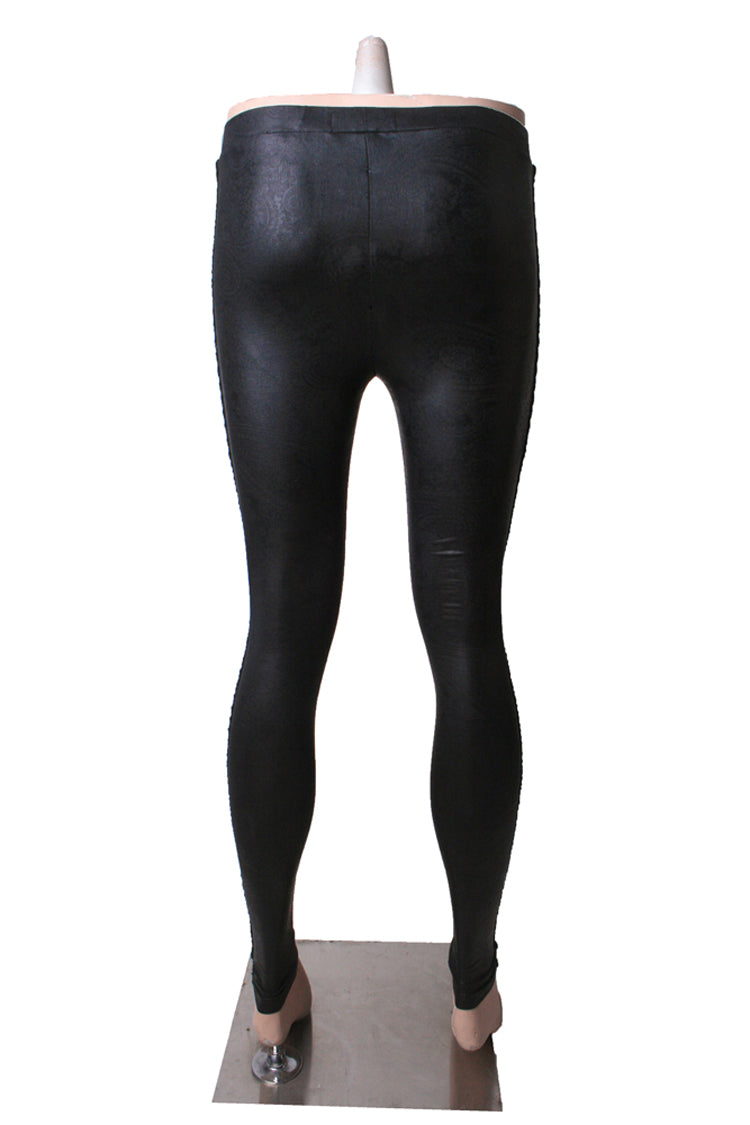 Gothic Women's Tight Leggings with Lace-Up Detail and Flocked Texture