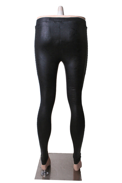 Gothic Women's Tight Leggings with Lace-Up Detail and Flocked Texture