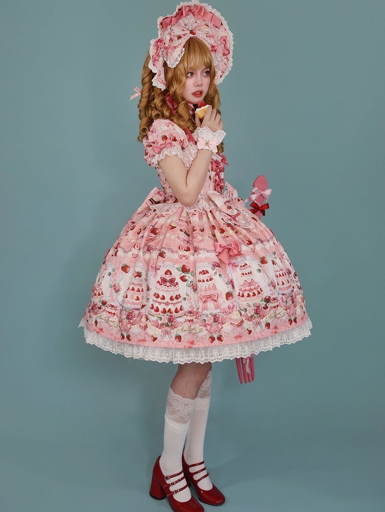 Strawberry Cake Print Pink Bow Accents Sweet Lolita Dress / Full Set