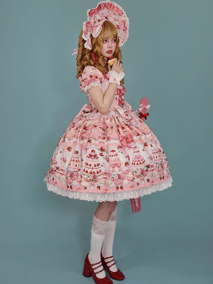 Strawberry Cake Print Pink Bow Accents Sweet Lolita Dress / Full Set