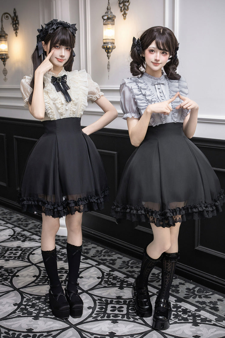 Puff-Sleeve Color-Blocked Faux Two-Piece Sweet Dress