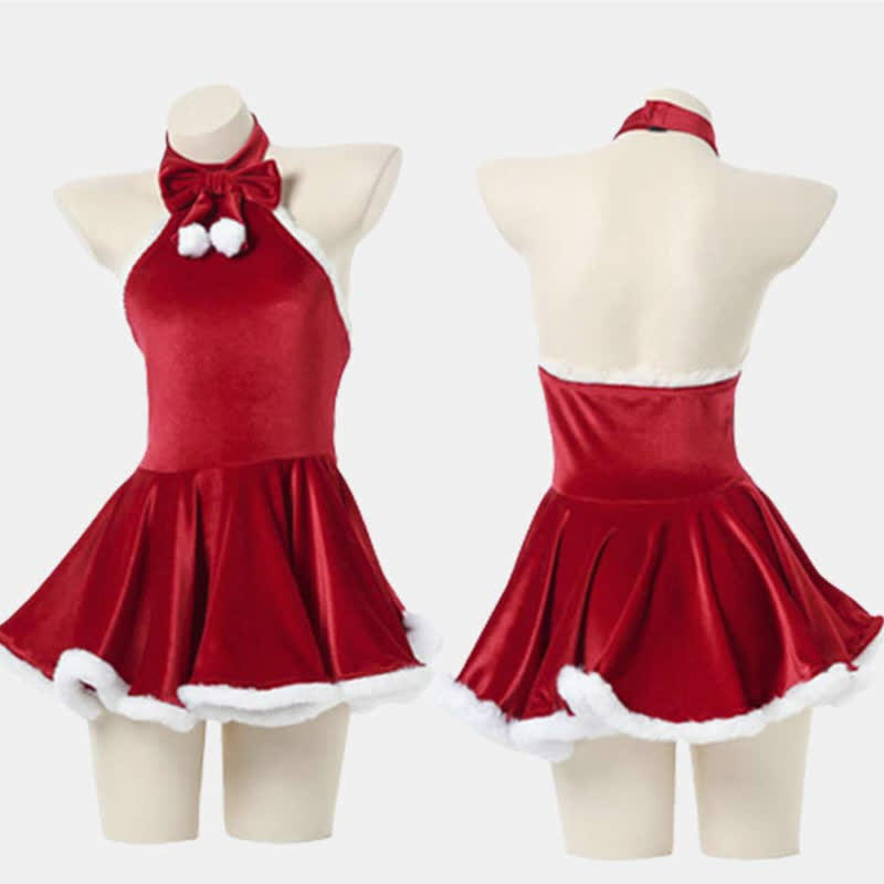 Bow Knot Ruffled Halter Christmas Dress Lingerie