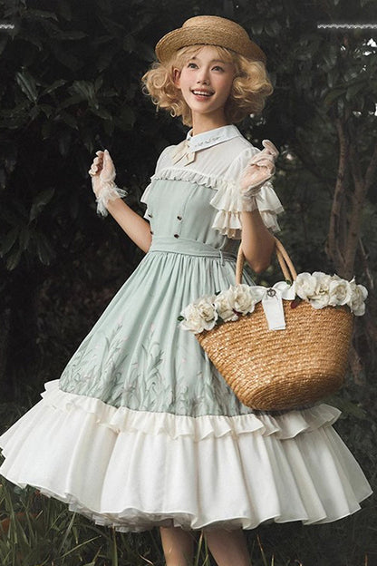 White and Green Lapel-Collar Wizard Of Oz Short-Sleeved Ruffled Bow-Trim Sweet Lolita Dress