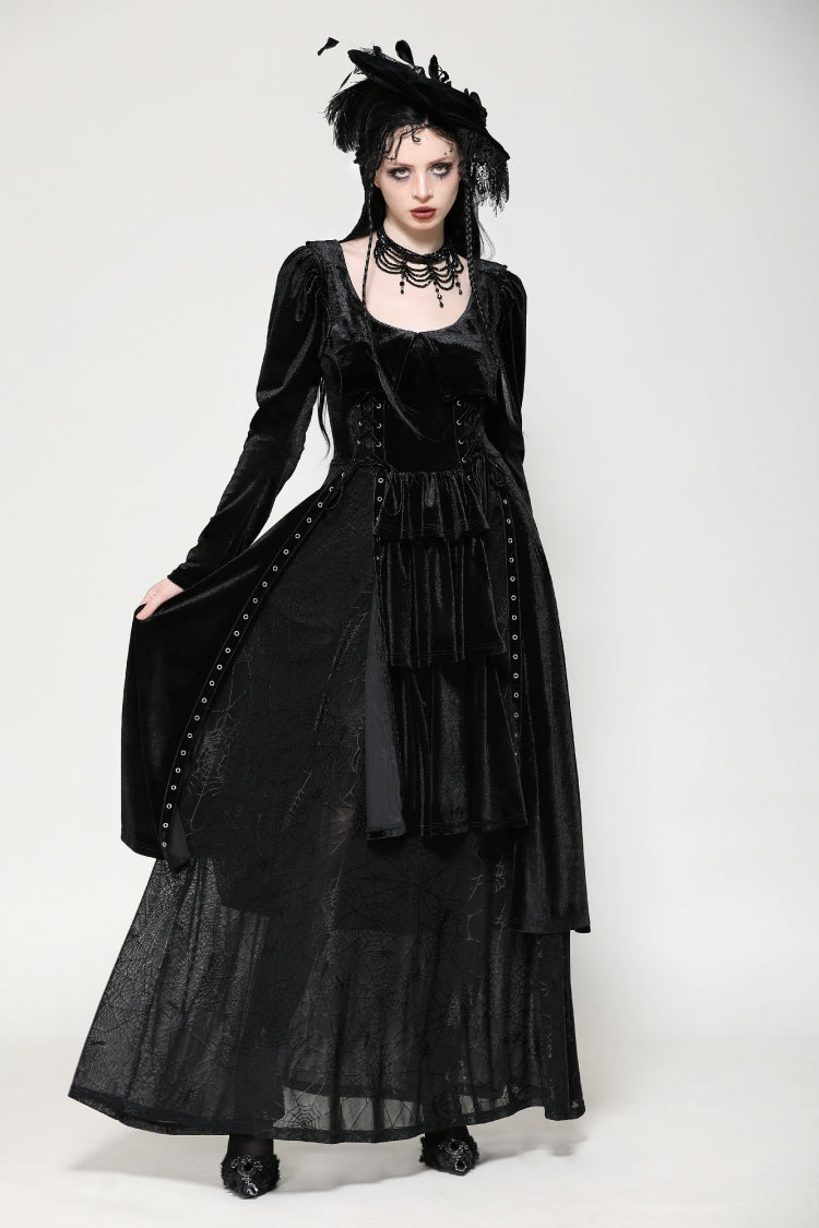 Coal Eyelet Side Slit Gothic Maxi Gown with Long Sleeves