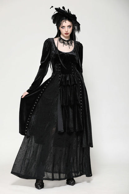 Coal Eyelet Side Slit Gothic Maxi Gown with Long Sleeves