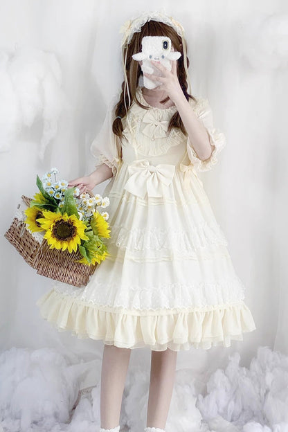 Beige Lace Angel Short-Sleeved Bow-Trim Ruffled Sweet Lolita Dress