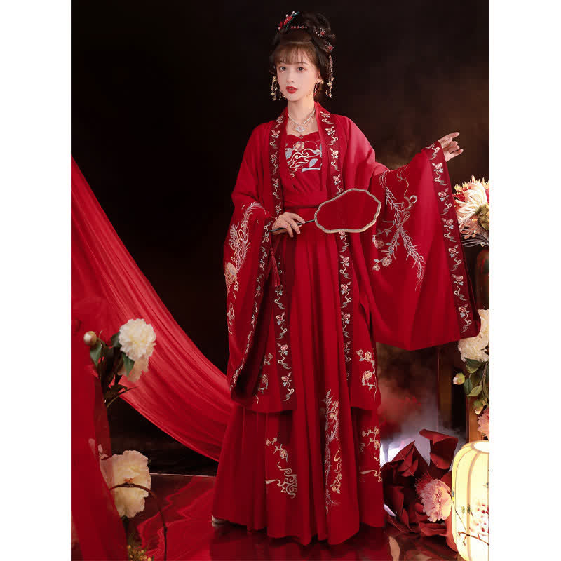 Ensemble Hanfu avec débardeur et jupe à manches longues et broderie de phénix rouge