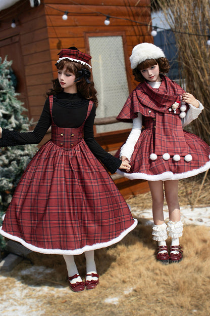 Crimson Striped Tartan Print Autumn Winter Fishbone Sweet Corset Lolita Dress