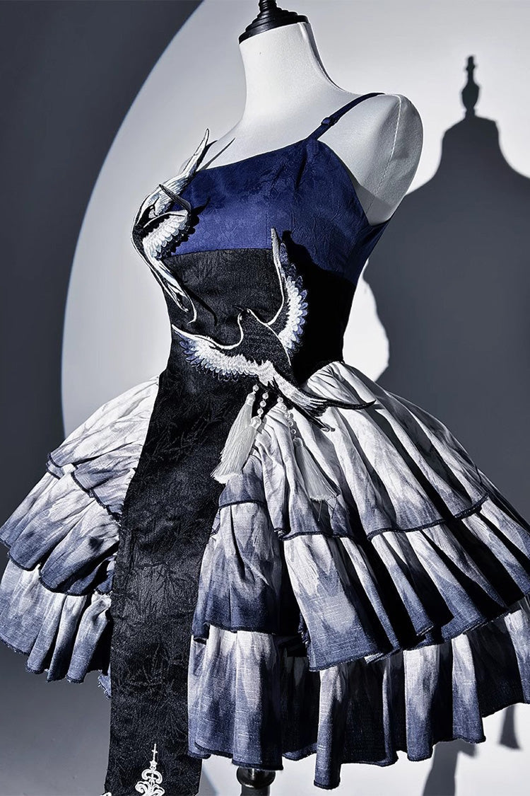 Dark Blue Feathered Finch Multi-Layer Print Ruffle Classic Chinese Style JSK Dress Set