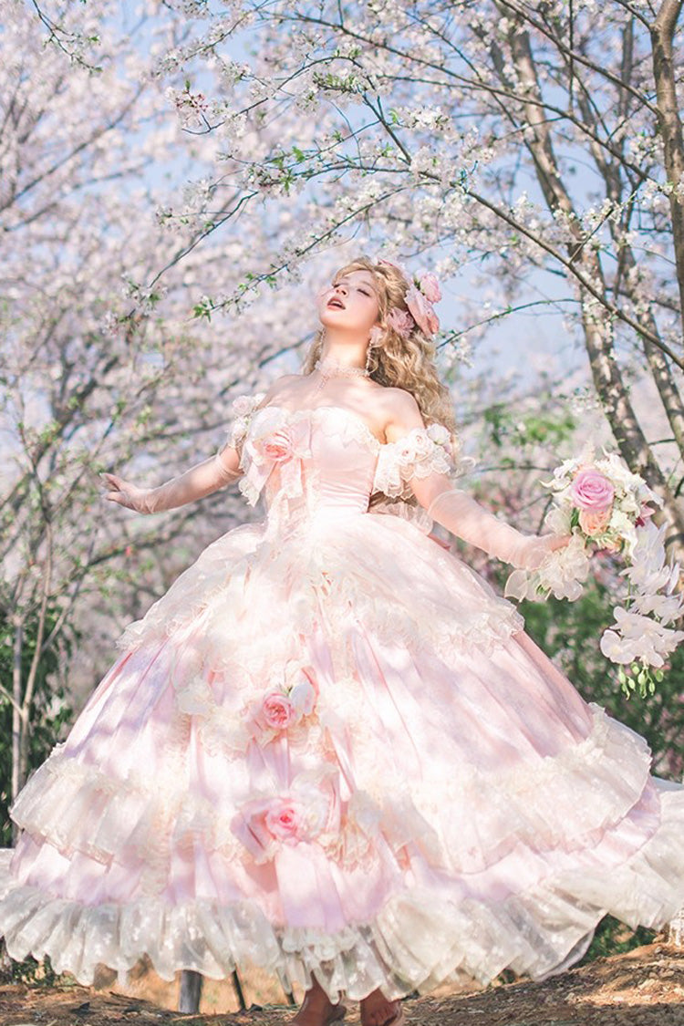 Pink Ruffle Bridal Bow Lace Sweet Princess Lolita Jumper - Love and Roses