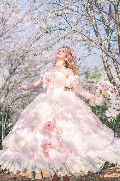 Pink Ruffle Bridal Bow Lace Sweet Princess Lolita Jumper - Love and Roses