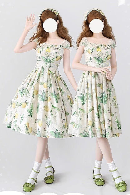 Forest Basket Lemon Print Bow Chiffon Elegant Sweet Lolita JSK in Yellow Green