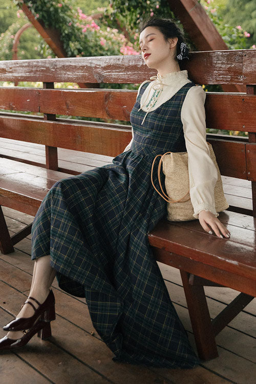 Dark Green Vintage Classic Lolita Dress with Plaid Print and Embroidery