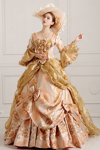 Trumpet-Sleeved High-Waisted Embroidered Print Bowknot Multi-Layer Victorian Lolita Prom Dress in Beige and Golden