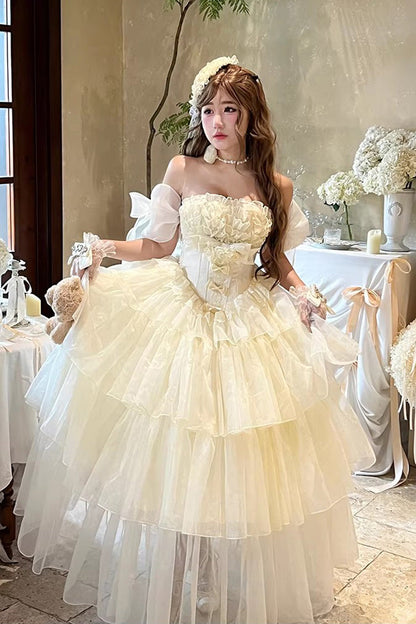 Off White Mousse Love Song Sleeveless Multi Layer Ruffle Hanayome Bow Sweet Lolita Dress
