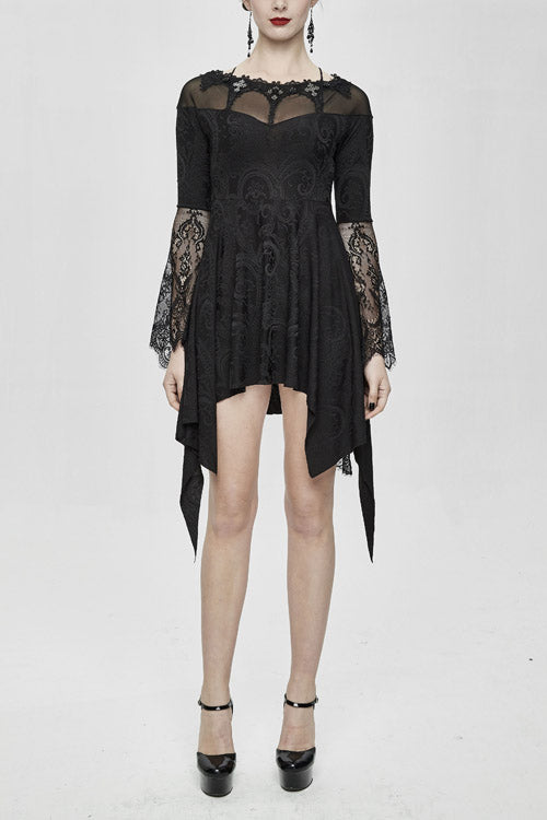 Gothic Women's Off-Shoulder Knit Dress with Horn Sleeves and Lace Trim