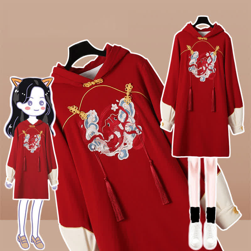 Robe sweat-shirt à capuche avec boucle à franges et motif poisson koï