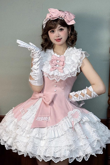 Rose Miss Tsundere Sleeveless Layered Ruffle Bow Lace Asymmetrical Princess Sweet Dress