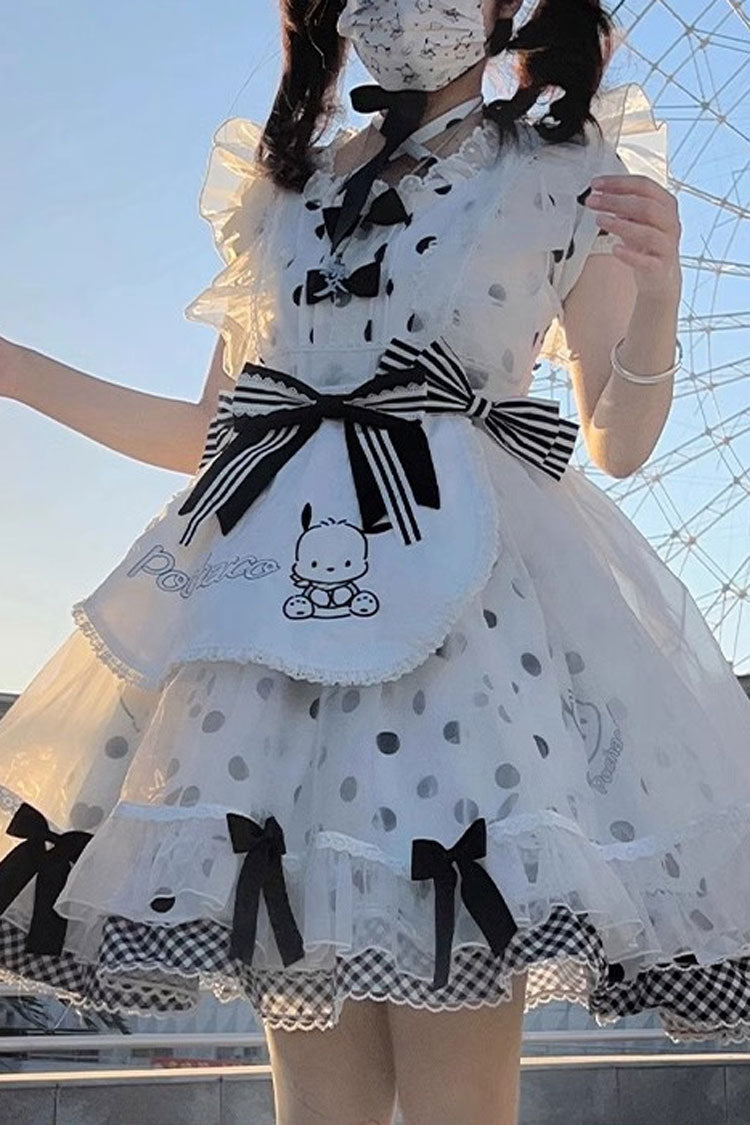 White Black Short Sleeves Pacha Dog Polka Dot Ruffle Bow Sweet Lolita Dress
