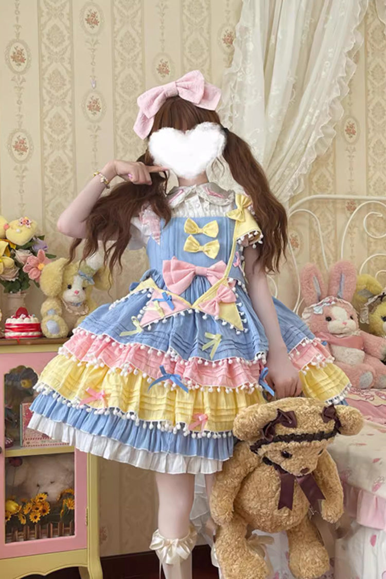 Cute Candy Bow Sweet Lolita JSK with Pennant in Yellow Blue Pink