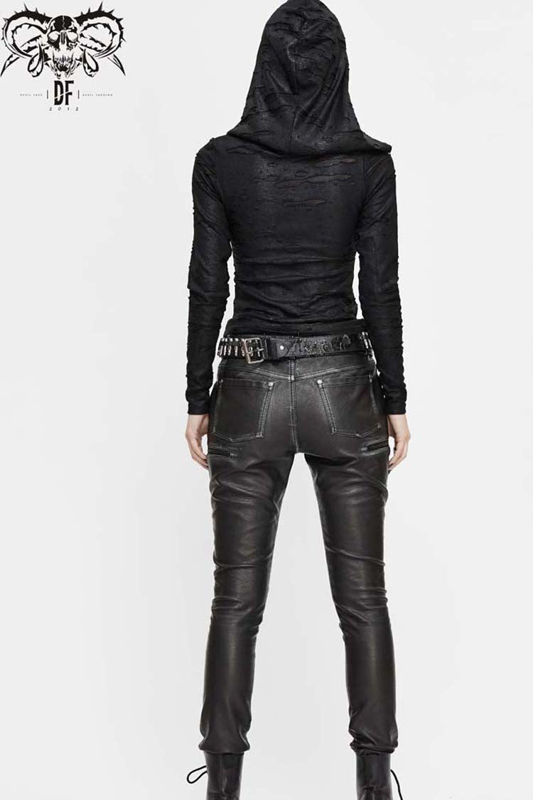 Women's Punk Shirt with Hooded Snakeskin Ripped Print Triangle Metal Studs