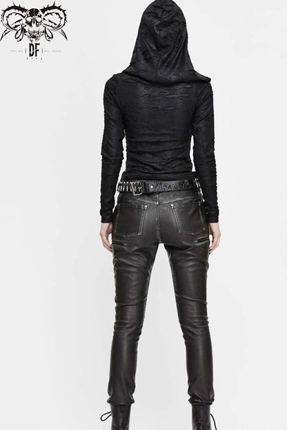 Women's Punk Shirt with Hooded Snakeskin Ripped Print Triangle Metal Studs