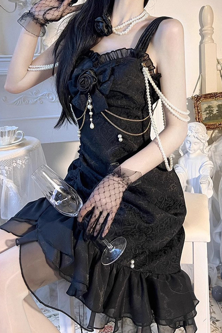 Camellia Rose Asymmetric Ruffled Gothic Chinese Elegant Lolita JSK Dress in Three Colors