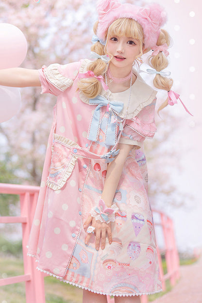 Chocolate Dessert Print Short-Sleeve Ruffled Bowknot Sweet Lolita Dress in Two Tones