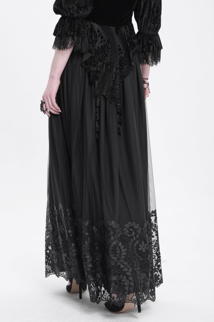 Women's Gothic Floral Mesh Skirt with Black Stitching