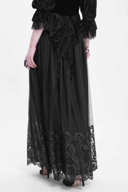 Women's Gothic Floral Mesh Skirt with Black Stitching