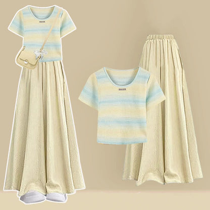 Stripe Leg Wide T-shirt Pantskirt Pieces Set Two