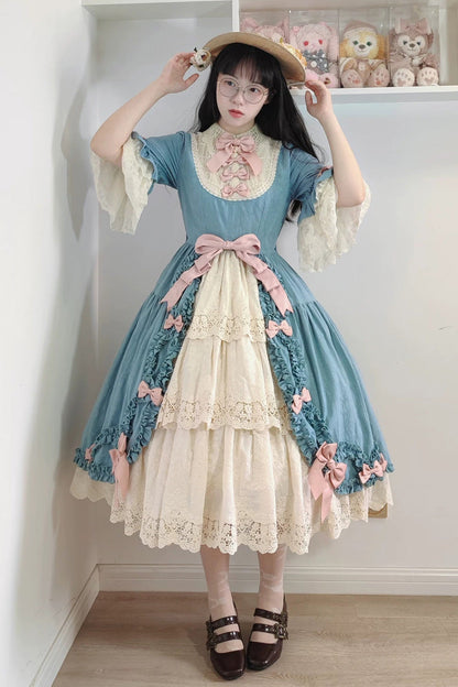 Lapel Short Trumpet Sleeve Ruffled Open Bow Lace Elegant Luxurious Lolita Dress