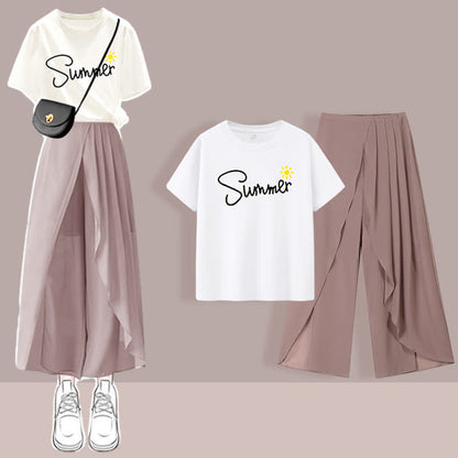Pleated Split T-Shirt Pants Printed Set Chiffon