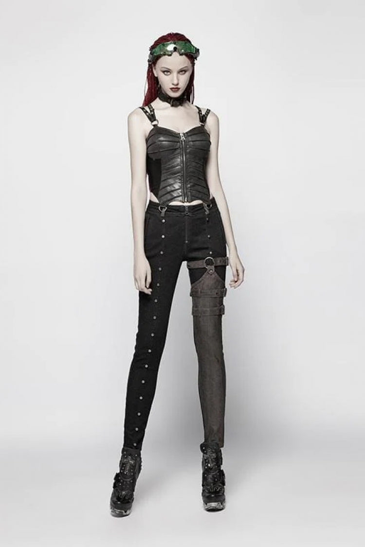 Steampunk Women's Short Corset with Faux Leather Strap Back Print and Lace-Up